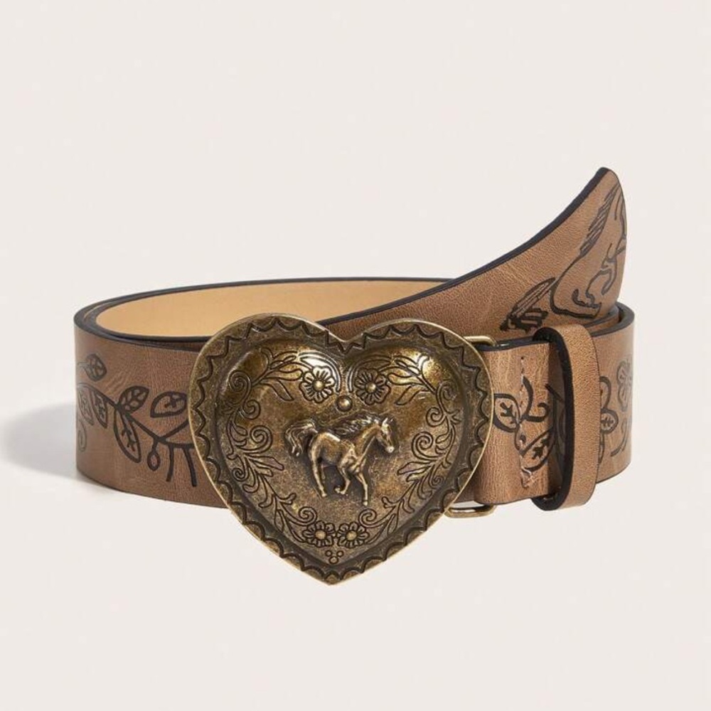 Heart Buckle Brown Leather Belt with Floral Horse Detail